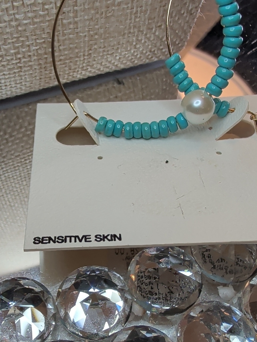 Gold Hoop Earrings with Turquoise Beads and Pearl Accent NWT - Picture 4 of 4